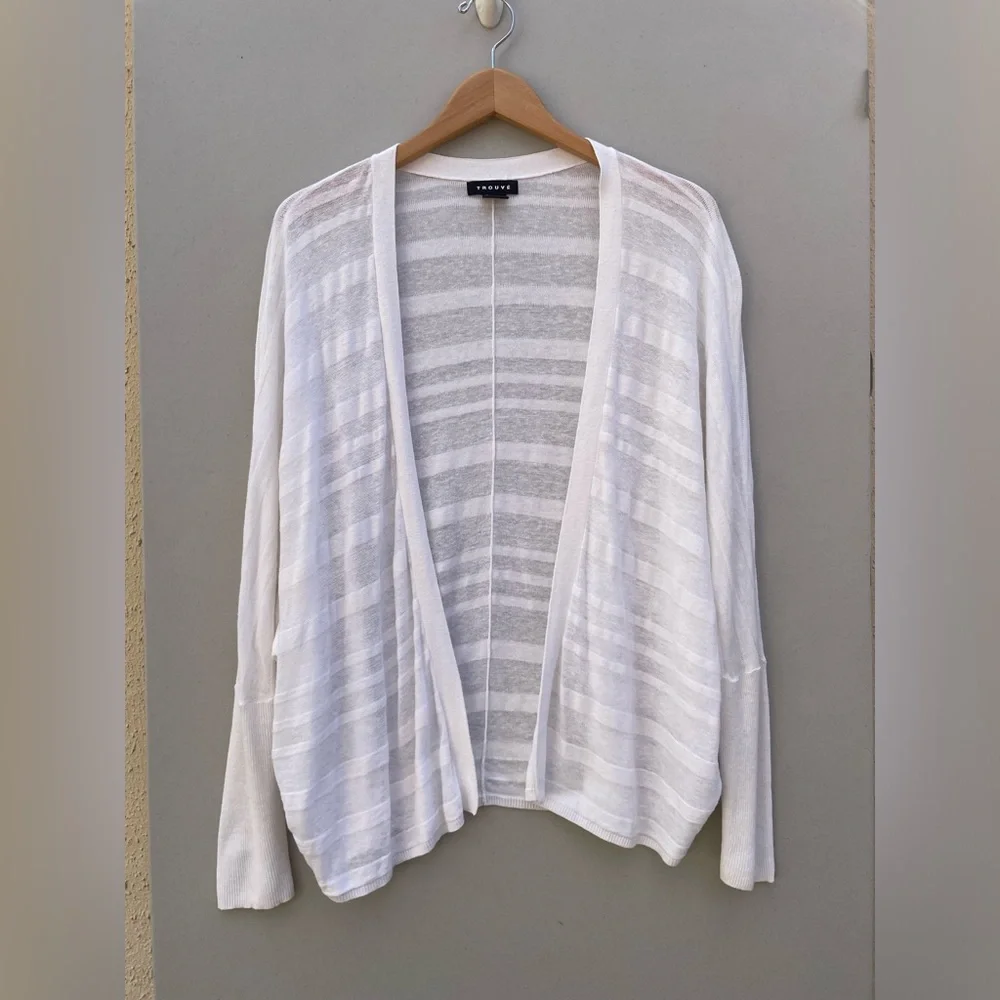 Trouve White Linen Blend Simi Sheer Striped Dolman Sleeve Open Cardigan Sz XS